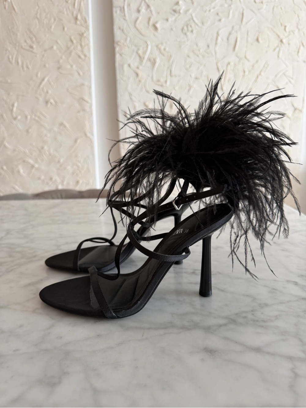 Zara Black Feather Strap High Heel Sandals